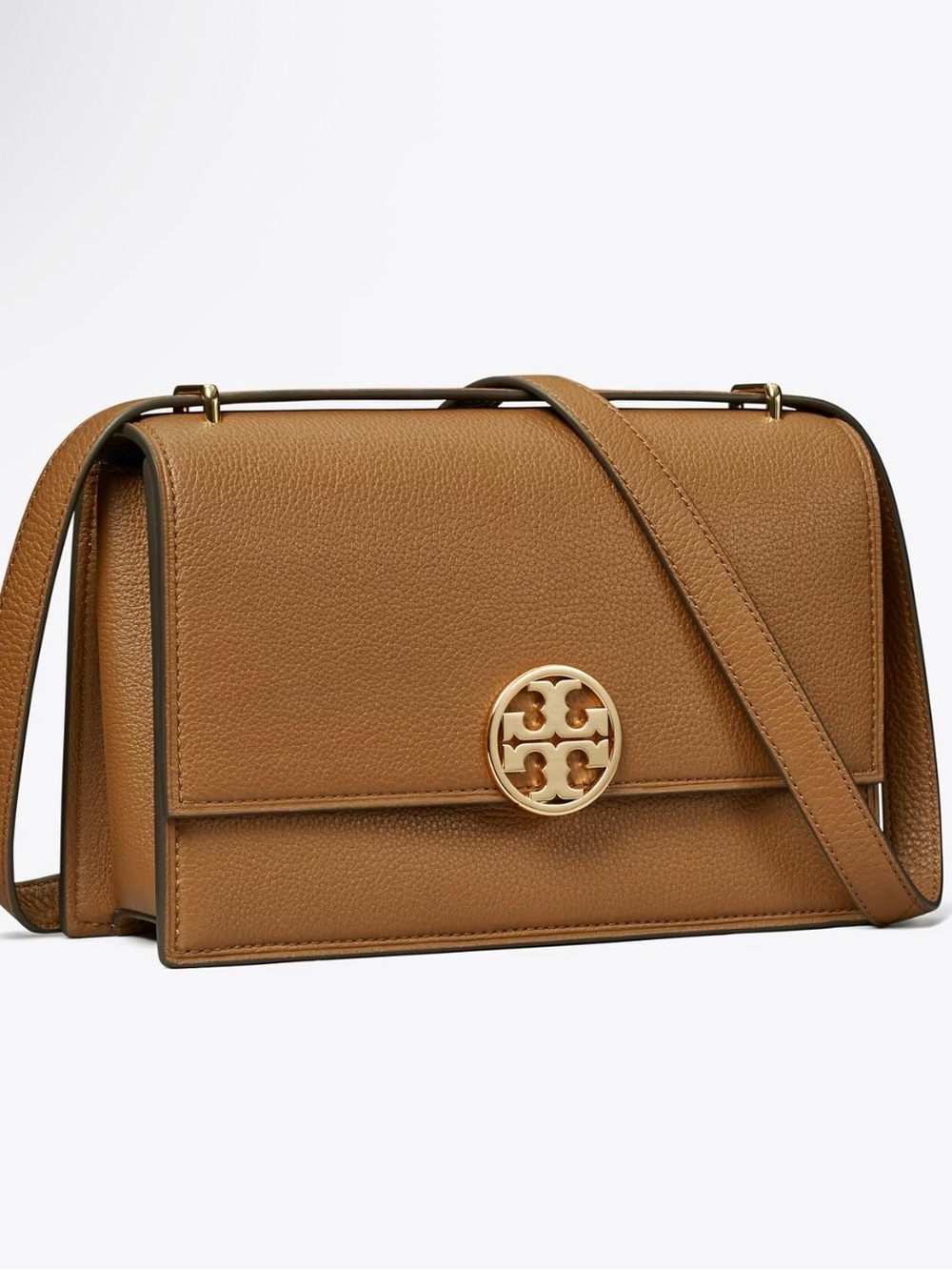 Tory Burch Pebbled Leather Crossbody in Saddle Brown with Gold Logo